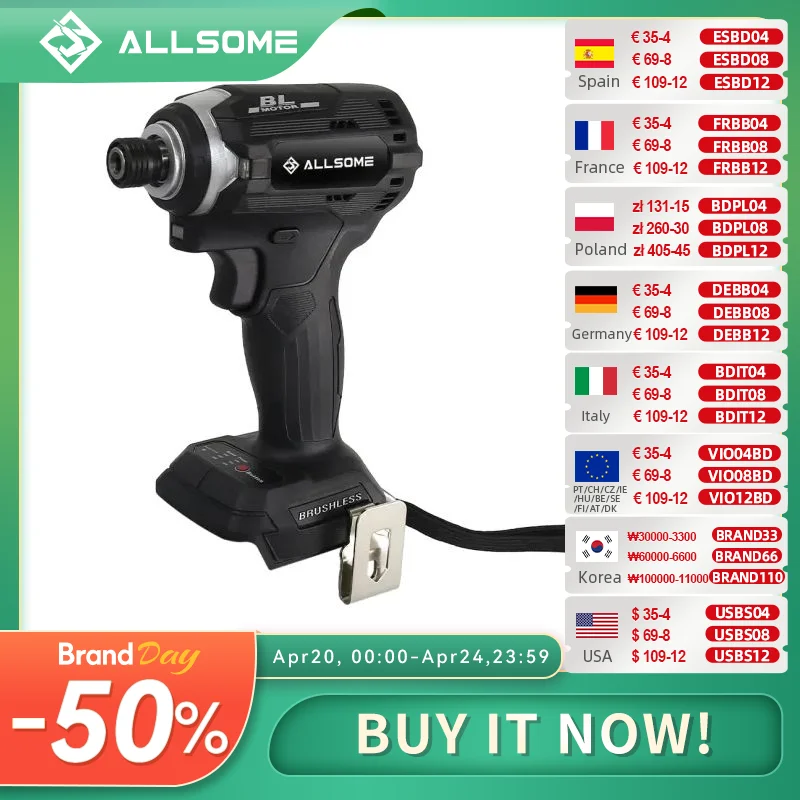 

ALLSOME 21V электрическая отвертка 1/4 дюйма Шестигранный компактный ударный драйвер с 3 скоростями для литиевой батареи 18 в Makita