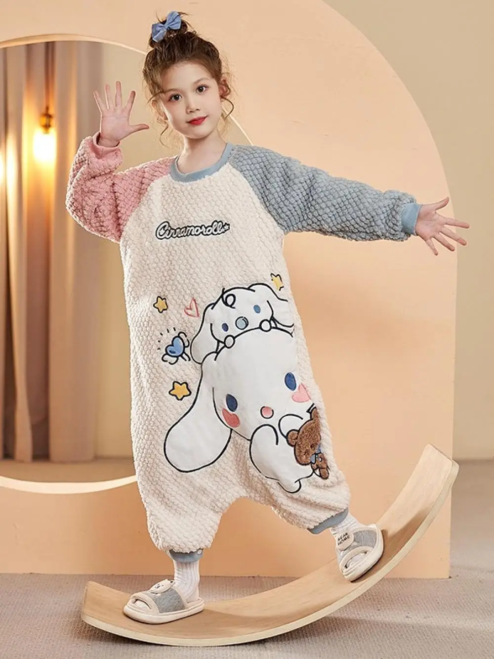 Sanrioed Anime Kuromi My Melody Kids Plush Siamese Pajamas Kawaii Children Flannel Home Clothes Winter Warm Thicken Loungewear