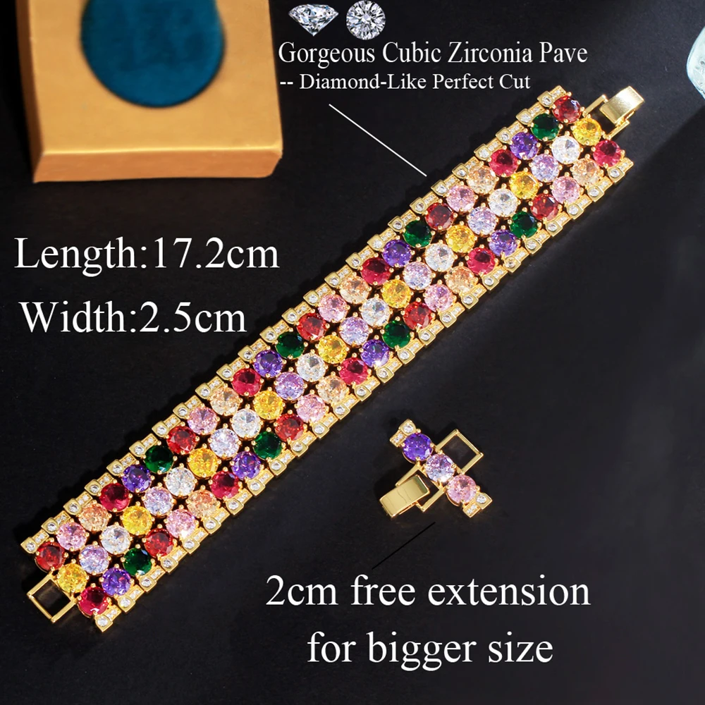 BeaQueen Big Round Colorful Full CZ Stones Setting Bracelet Bangle High End Dubai Gold Plated Jewelry for Women Prom Dinner B268