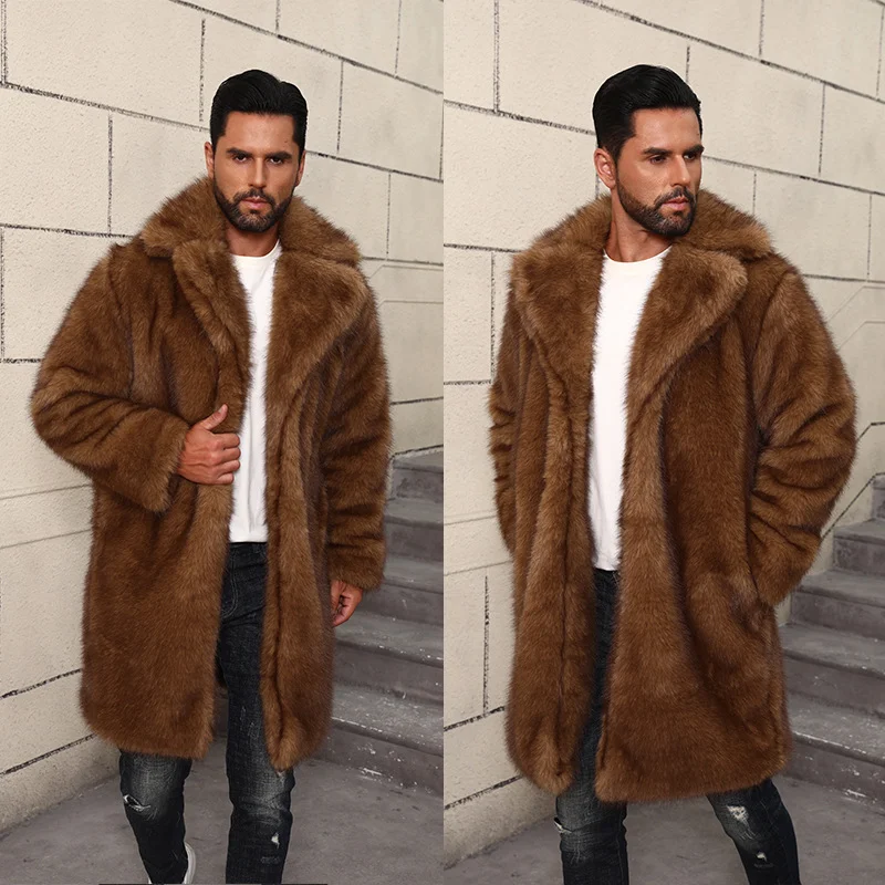 Nouveau Manteau chaud épais en fausse fourrure pour hommes mi à Long col de costume britannique veste chaude en fausse fourrure