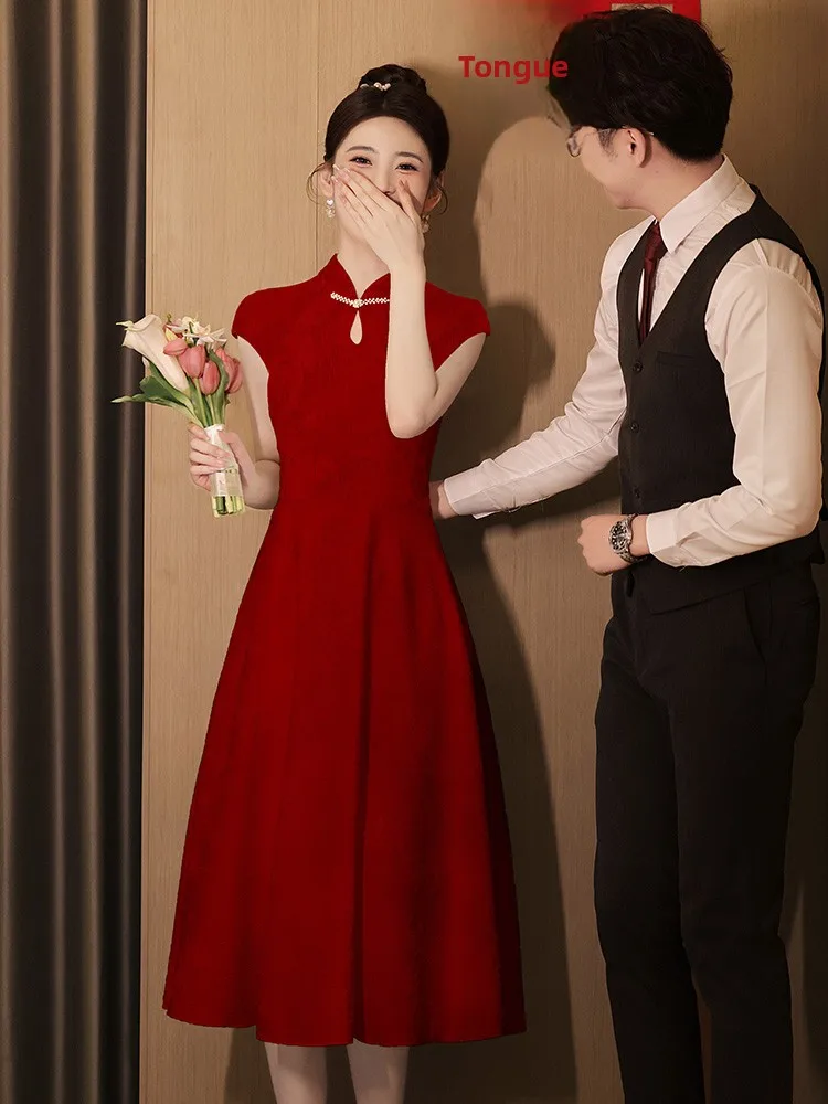 

Young Sle Red Wedding ort Sve Mid-Length Polyurethane Elastic Fiber New Chinese Sle Bride Dr