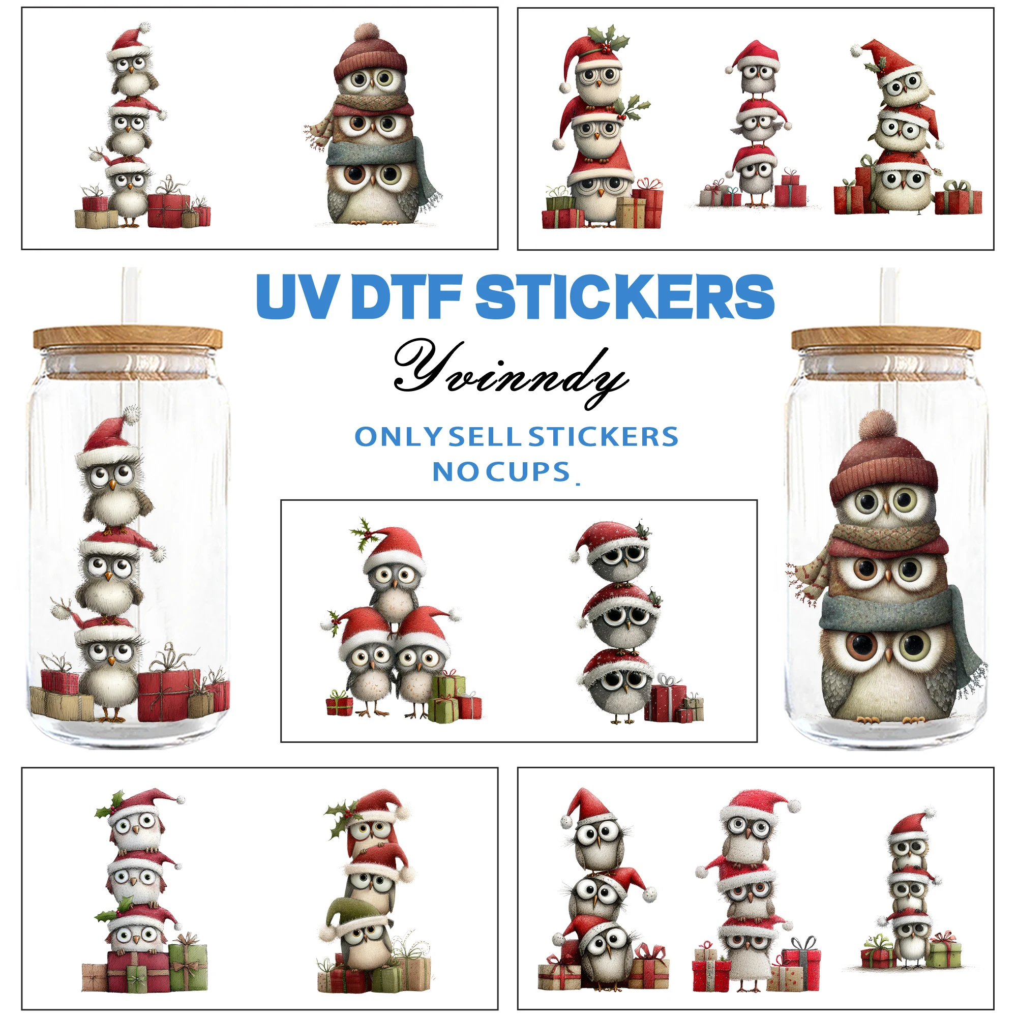 5Pcs/Set Kawai Christmas Bird UV DTF Transfer Sticker DIY Craft Kits With Crystal Label 16oz Glass Jars Wrap Stickers