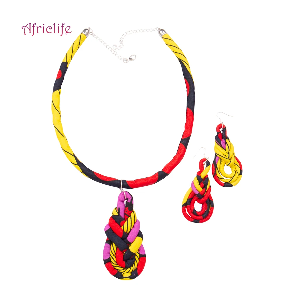 

African Jewelry Set Statement Yellow Red Chain Pendant Necklaces Knotted Earrings Handmade Choker Set Cotton Fabric Rope Wyb769