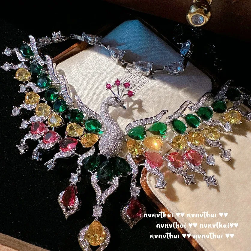 Luxury 925 Silver Jewelry Set Sparkling Zircon Elegant Multicolour Peacock Necklace Earring Women Wedding Banquet Jewelry Set