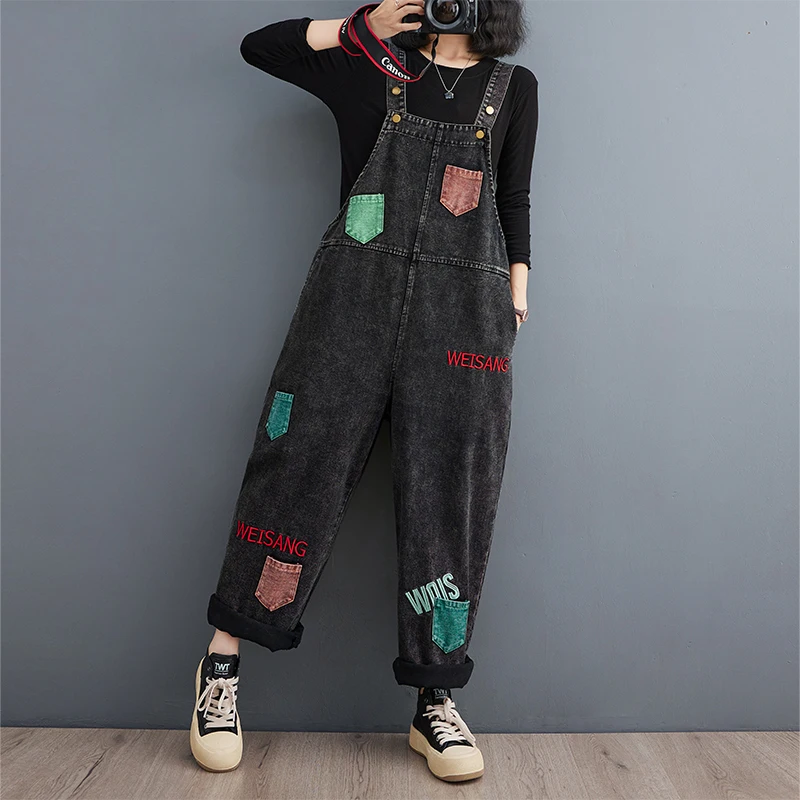 #1435 Black Denim Jumpsuits Women Loose Wide Leg Jeans Jumpsuits Ladies Embroidery Letters Streetwear Vintage Long Jumpsuits