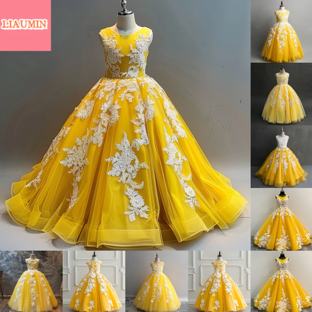 

Yellow Tulle And White Lace Applique O Neck Flower Girl Dresses Brithday Party Princess First Communion Pageant Skirt New W9-14