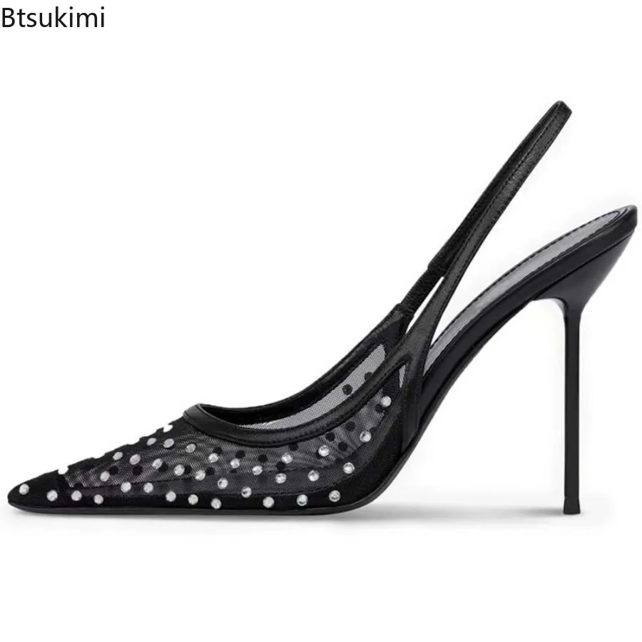 

Лето 2023, пикантные сетчатые сандалии со стразами, модная универсальная женская обувь на высоком каблуке с острым носком и закрытым носком на шпильке