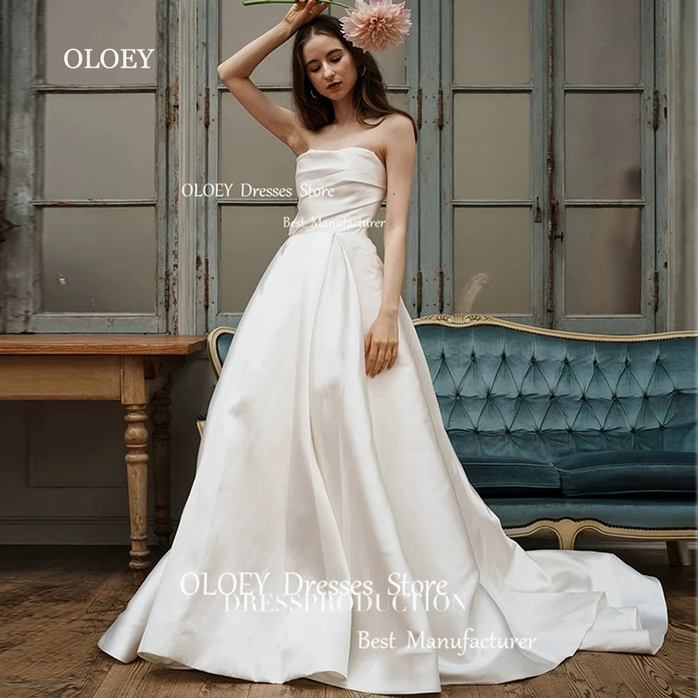 OLOEY Vintage France Strapless Wedding Dresses Photoshoot Pleated Satin Sleeveless Sweep Train Bridal Gowns Vestido De Noiva