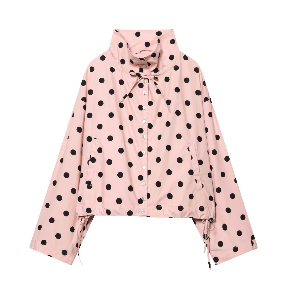 

New Pink Polka Dot Jacket Single Breasted Long Sleeve Lace Up Coat Oversized Drawstring Design Short Coat Women