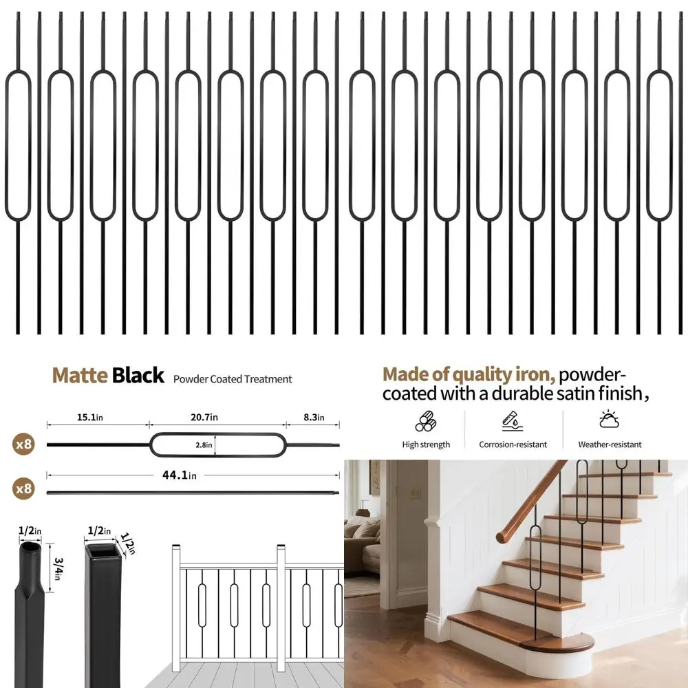44 درابزين درج معدني أسود من الساتان، 16 عبوة مع 8 مغزل بيضاوية و8 مغزل مجوفة مستقيمة