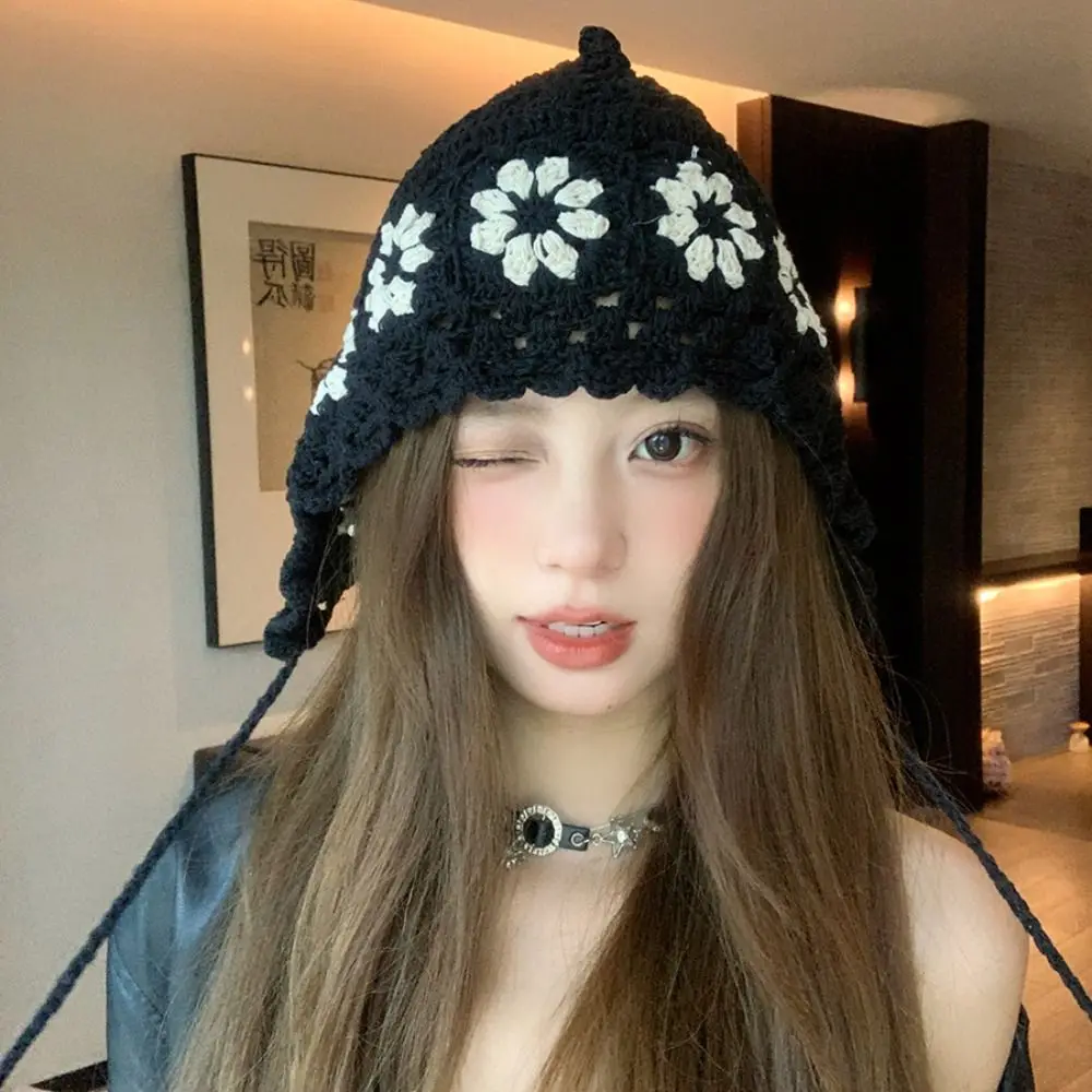 Vintage Crochet Flower Hollow Knitted Hat Bohemian Style Beanies Knit Cap Korean Hollow Out Ethnic Style Hat Girls