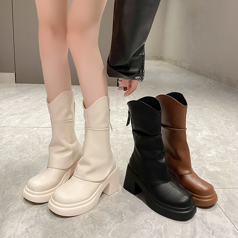 Women Mid Calf Boots Autumn Winte Soft Leather Motorcycle Boots High Platform 9CM Square Heels Ladies Chunky Shoes Botas Mujer