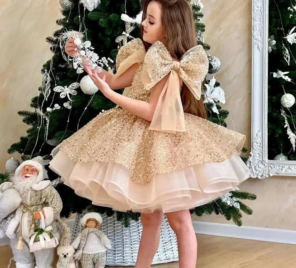 

Fluffy Champagne Flower Girls Dresses Tiered Tutu Outfit Kid Birthday Prom Gown Kids Costume Pageant Dress 1-14T