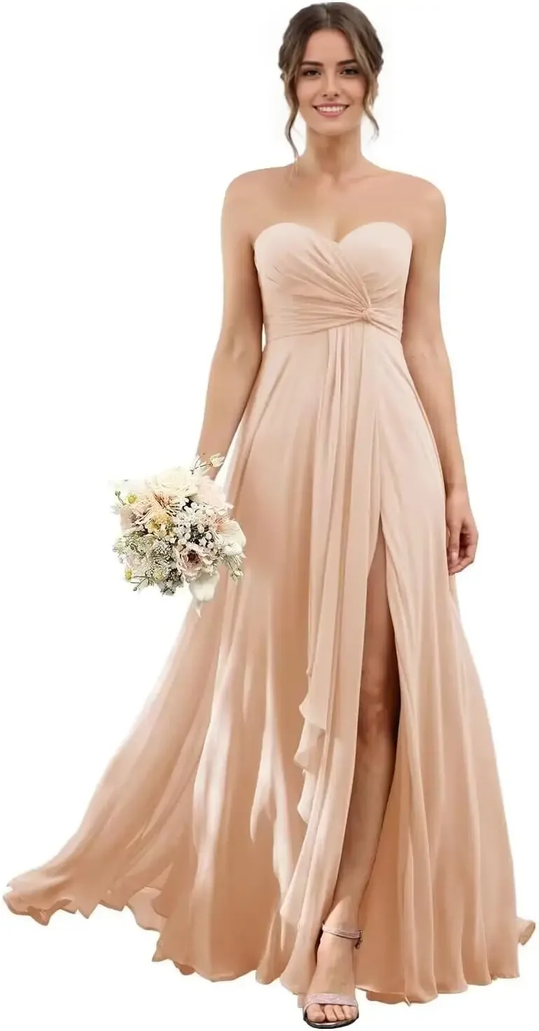 

Sweetheart Chiffon Bridesmaid Dresses with Slit Long Pleated Prom Dress Strapless Formal Party Gowns Evening Dresses