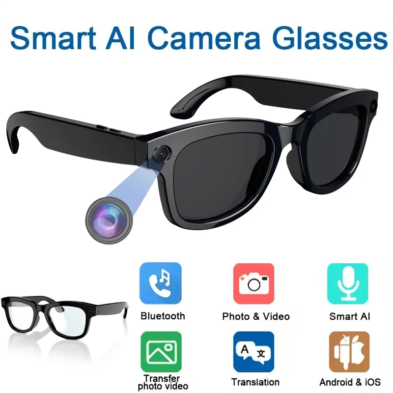 

New Smart Glasses AI Translation Bluetooth Call 1080P HD Camera Music Headphones Outdoor Sports Fashion Sunglasses For Men Women