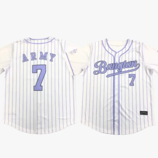 2026 short sleeved T-shirt new V-neck jersey with ARMY7 English color blocked purple stripe print sports versatile button top