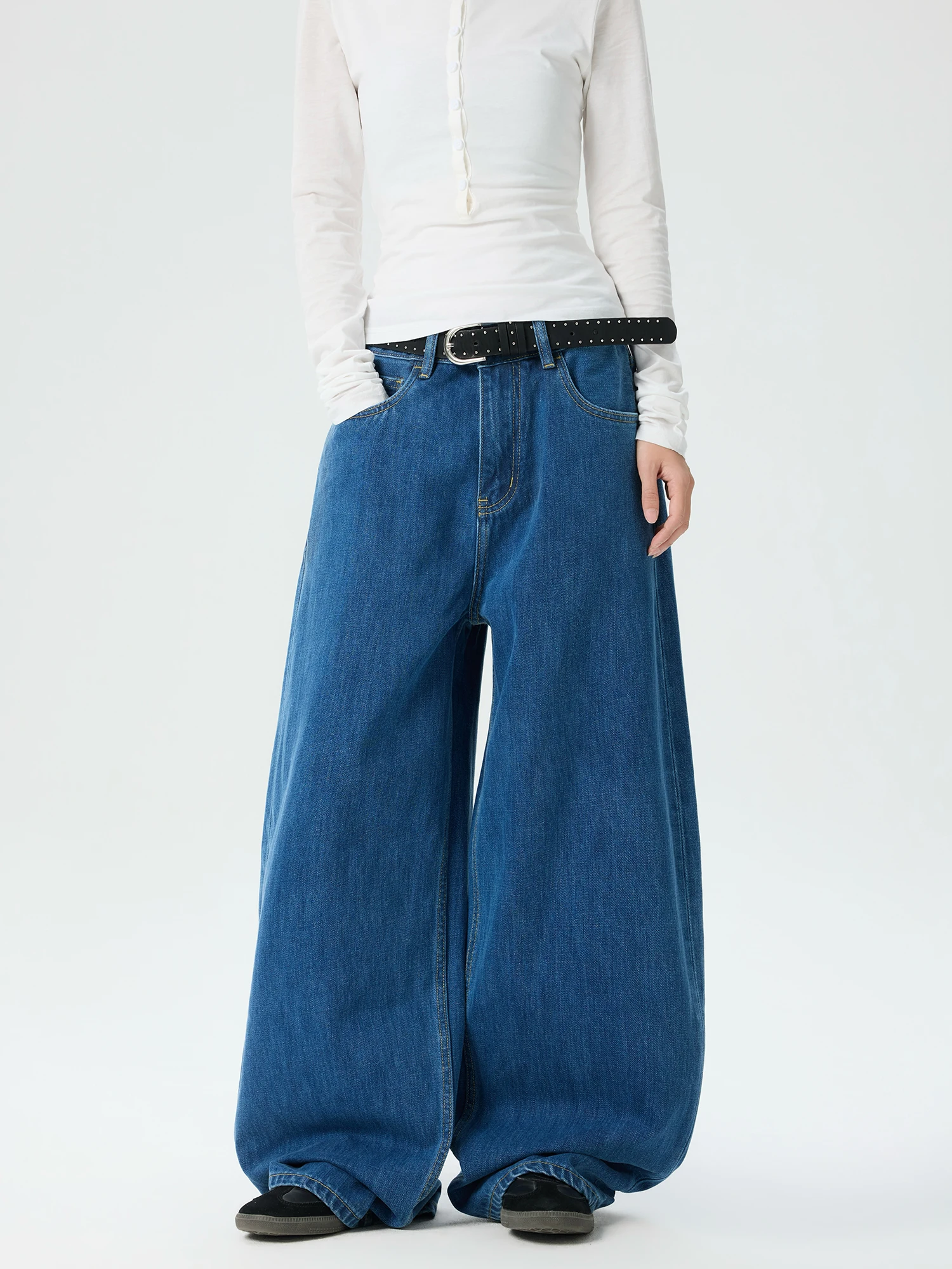 

Wild Azizi Vintage Street Deep Blue Waed Denim Jeans ex Loose Straight Leg Wide Leg Pants Casual Wear Winter Trousers