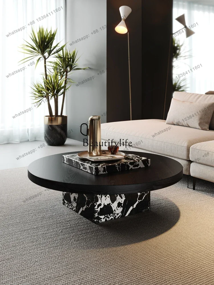 

ld 30Mid-Ancient Coffee Table Black round Solid Wood Marble round Coffee Table Living Room Small Apartment Furniture