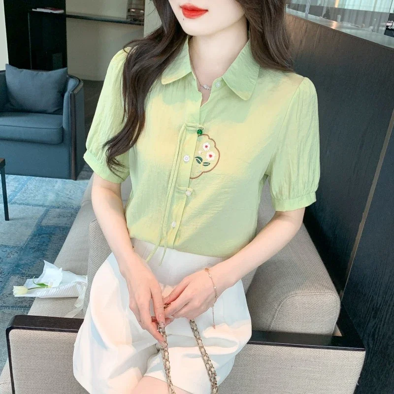 Summer New Chinese Style Chiffon Shirt For Women Short-sleeved Retro Embroidered Loose Thin Top
