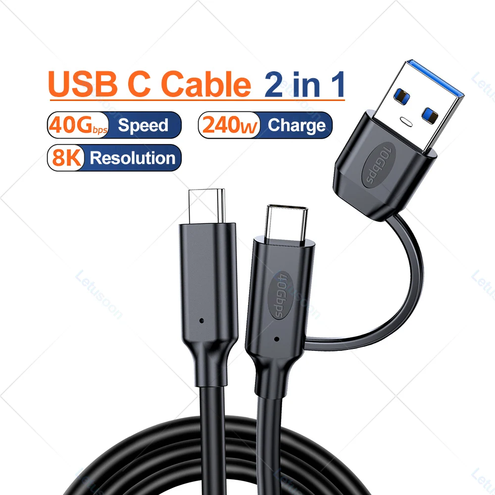 40Gbps 4 USB A to C Cable 2 In 1 Type C 3.2 20Gbps Data Cord Usb-c to Usb-c Cable 8K PD 240W Fast Charging Full Function for SSD