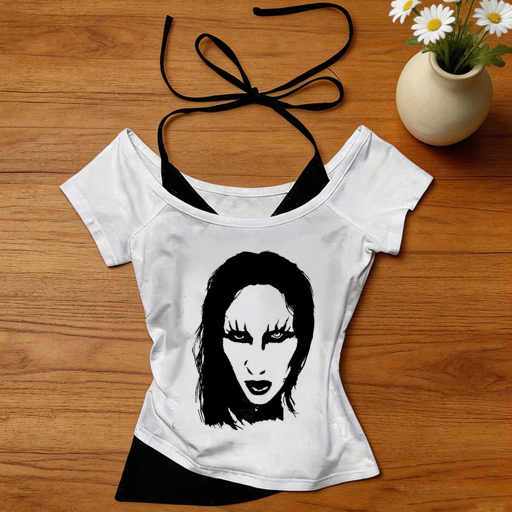 Marilyn Manson cropped top teen summer graphic 2000s jojifuku cutecore t shirt jojifuku goth cheap anime japan
