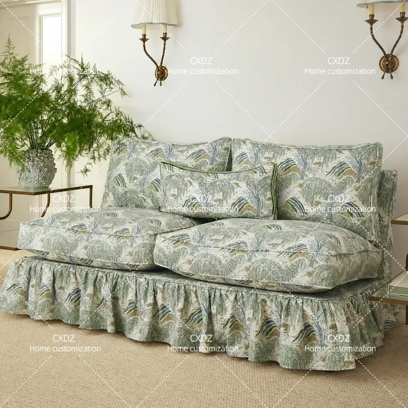 Pastoral Print Sofa Small Apartment Living Room Solid Wood 3 Seater Simple Household Fabric Sofa
