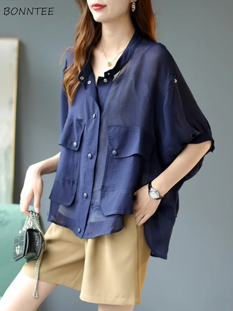 

S-4XL Batwing Sleeve Jackets Women Loose Sun-proof Thin Elegant Vintage Females Pure Casual All-match Fashion See Through Summer