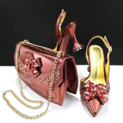 QSGFC Nigeria Elegant Ladies Wine Color Crystal Heels And Bag Three-Dimensional Capacity Bag Shiny Material Women Shoes