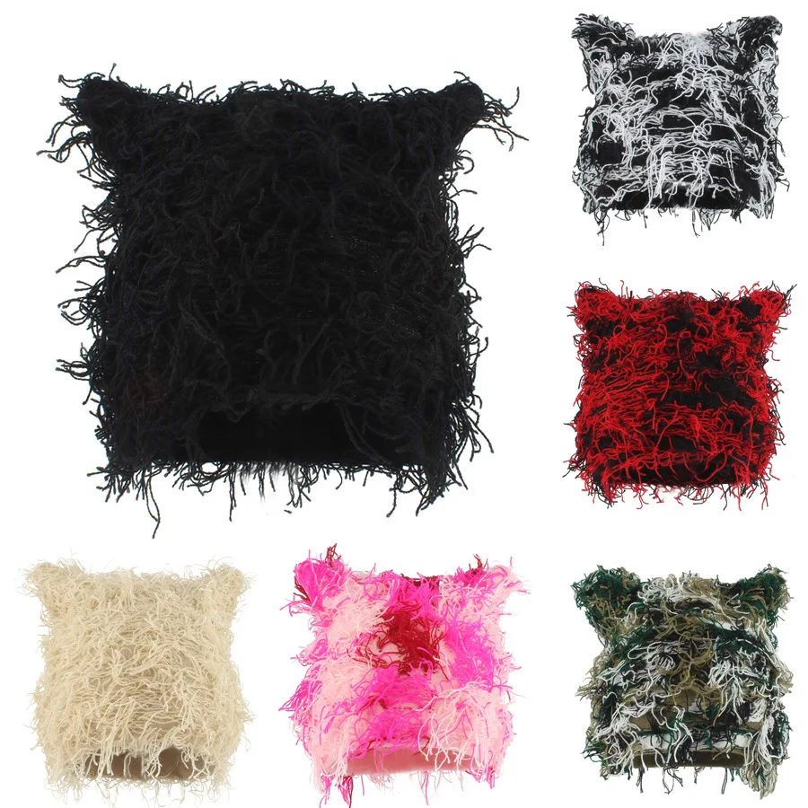 Y2K Distressed Cat Ear Beanie Hat Unisex Winter Knitted Caps Little Devil Skulles Outdoor Fuzzy Thick Warm Hats Balavlava Male
