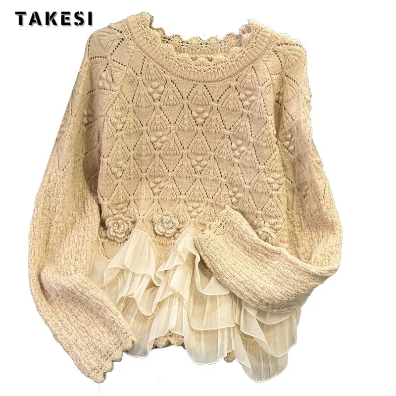 Women\'s Vintage Elegant Knitting Long Sleeve Lace Pullovers 2023 Autumn Winter Round Neck Patchwork Ladies Loose Sweater Top