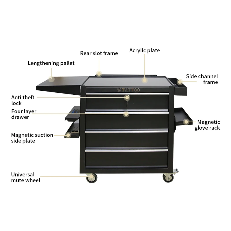 TAIDU Tattoo Tool Box Station With Four Darwers Tattoo Tool Trolley With Wheels Moveable Steel Tattoo Toolbox Table