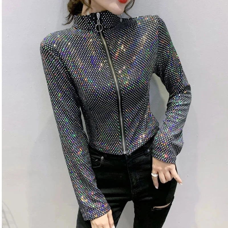 Autumn Jacket Women New Glitter Sequined Short Jacket Female Fashion Long Sleeve Design Sense Sexy Bottoming Shirt