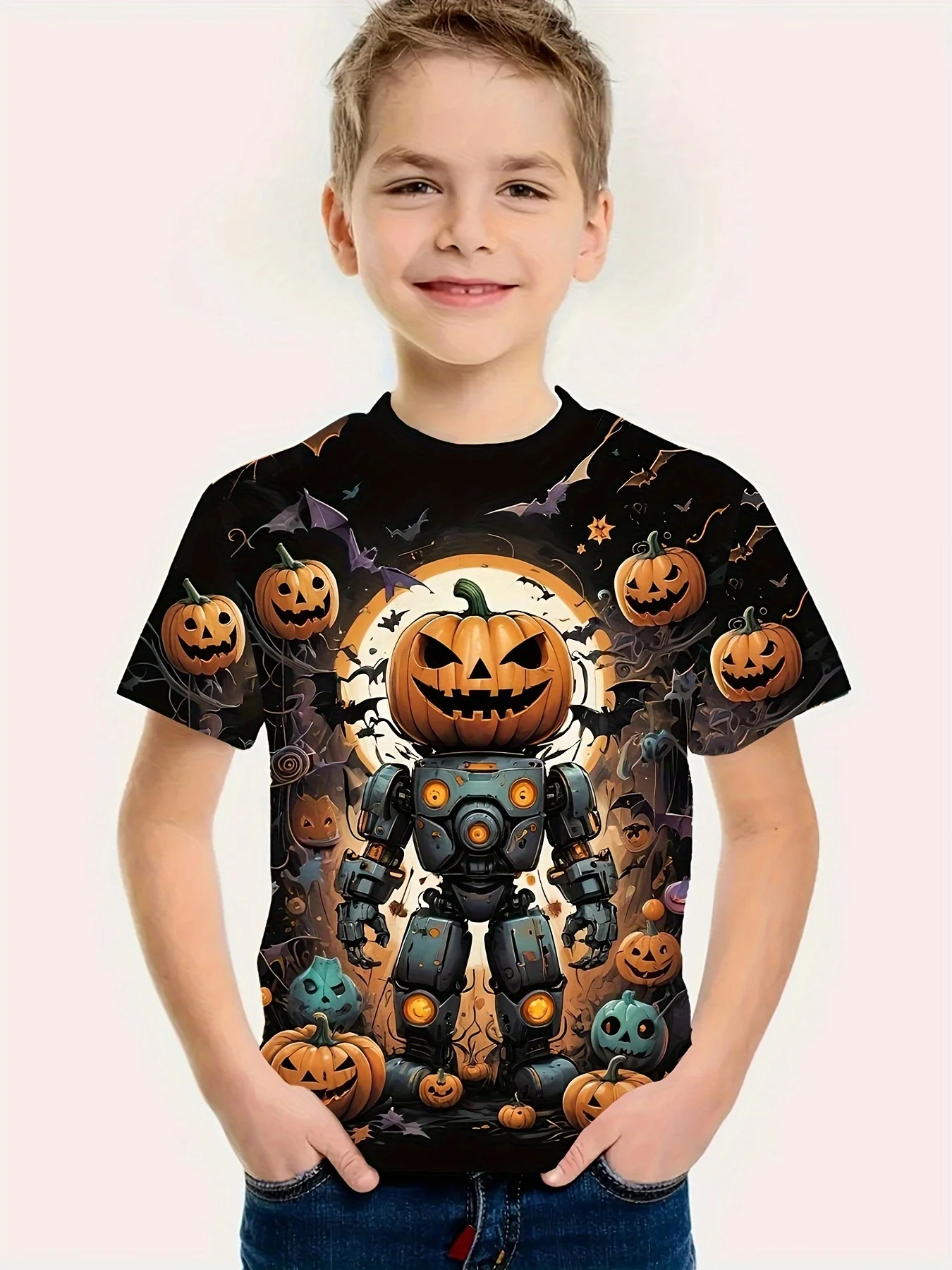 

2025 New Boys Halloween Pumpkin Print Casual T-shirt, Short-sleeved Round Neck Loose T-shirt, Halloween Theme Casual Clothing