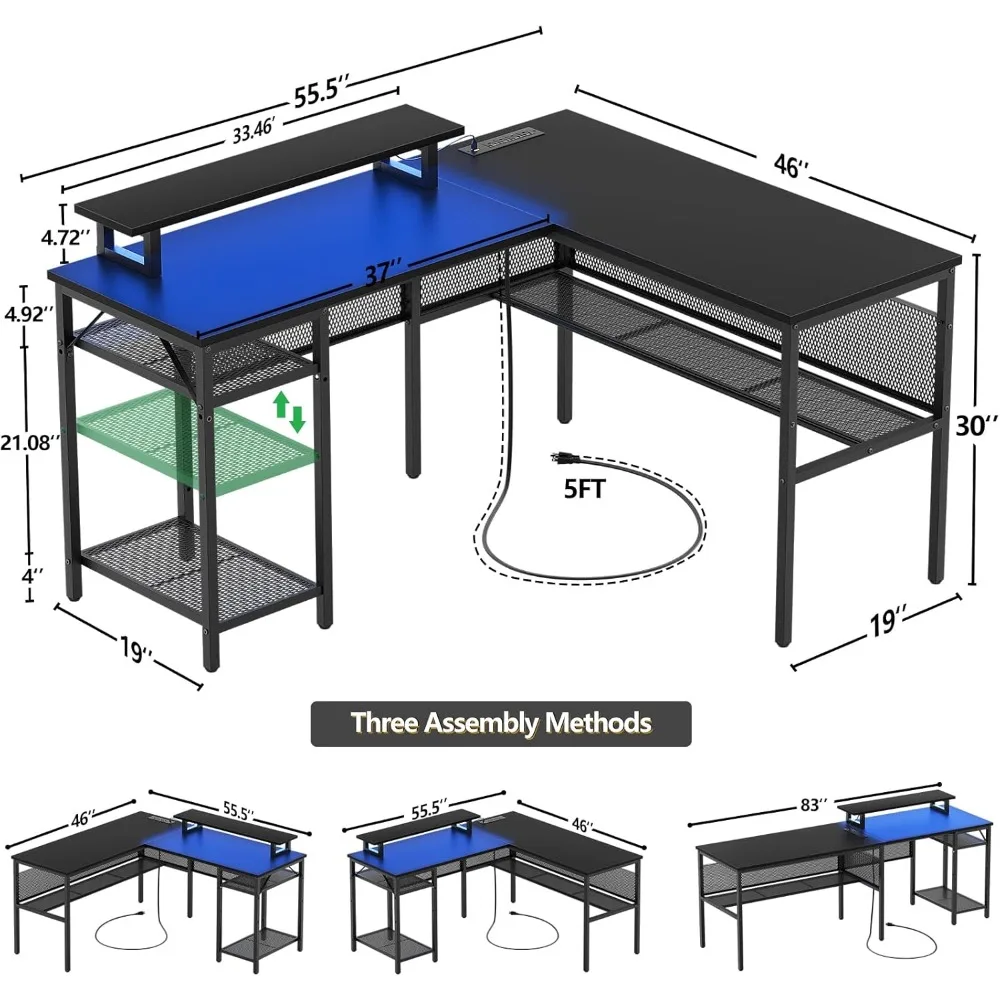 Unikito L Shaped Desk, Reversible Corner Computer Desk with Magic Power Outlets and Smart LED Light, Unique Grid Design, 55 Inch