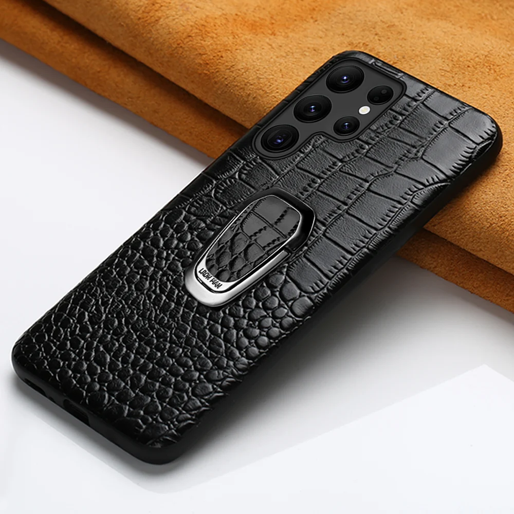 

Genuine Cowhide Leather Bracket Phone Case For Samsung Galaxy S 24 23 S24 Ultra S23 Plus S24Ultra S22Ultra Back Cover with Ring