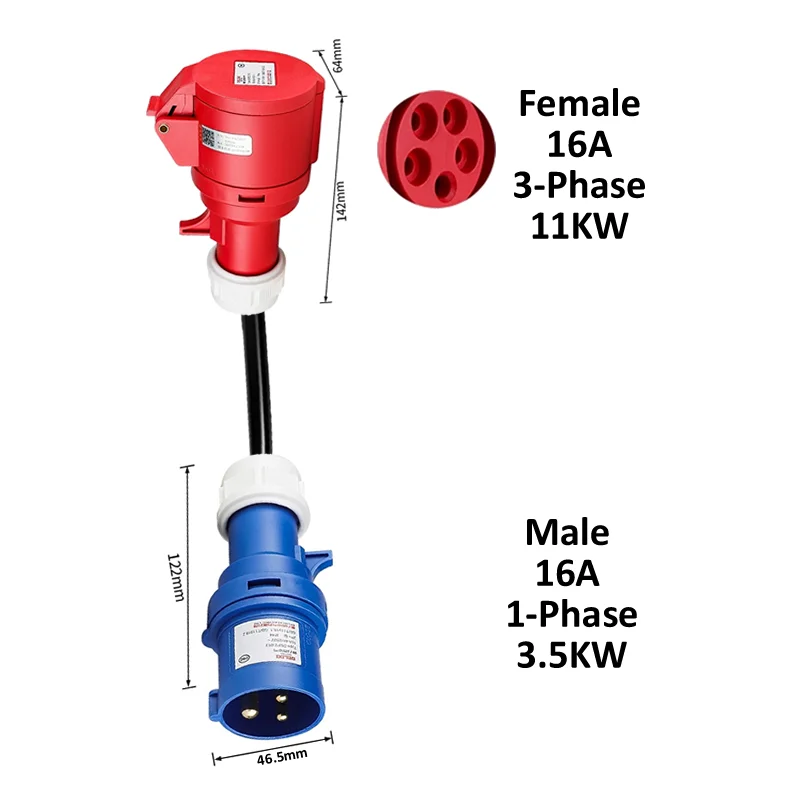 EV Charging Adapter Male 16A 1-Phase Blue 3.5KW CEE Plug to Female 3-Phase Red 16A 11KW / 32A 22KW / 1-phase Blue 32A 7KW Socket view 3