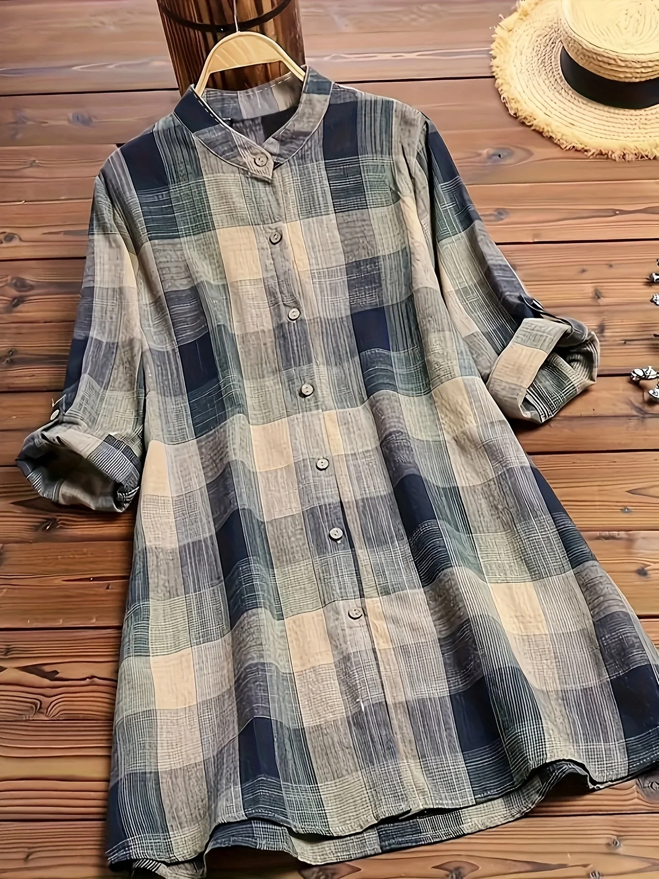 حجم كبير 1XL-5XL المرأة Colorblock شبكة طباعة بلوزة قميص السيدات عادية زر حتى نشمر كم بلوزة المرأة قميص الموضة #1