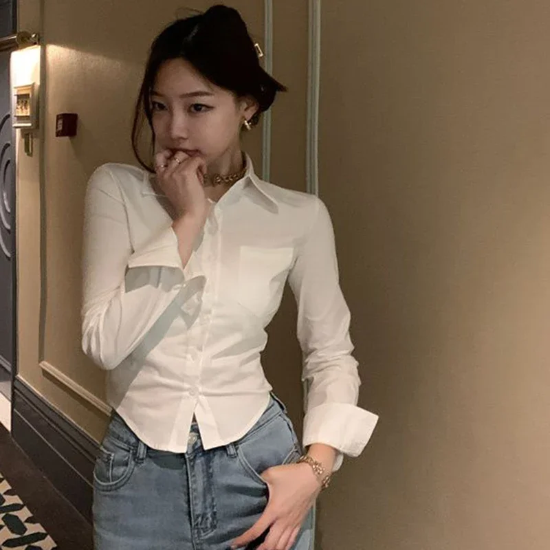 Elegante Frauen Koreanische Shirts Mode Streetwear Weibliche Dünne Bluse Frühling Y2K Casual Büro Damen Sexy Cropped Tops Neue