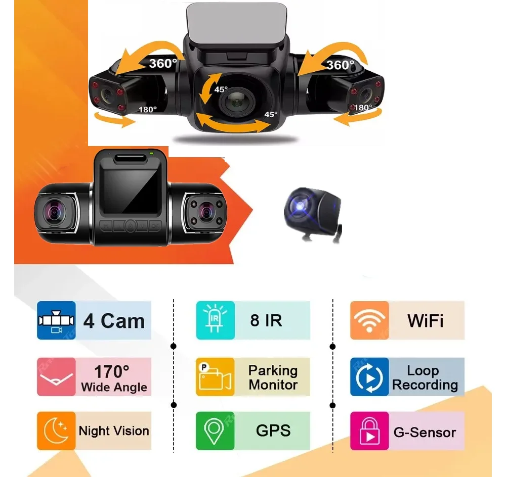 360 ° Dashcam 4 Lens Full Hd 4*1080P Voor Auto Dvr 24H Parking Monitoring Video Dash Camera High-Definition Nachtzicht Wifi