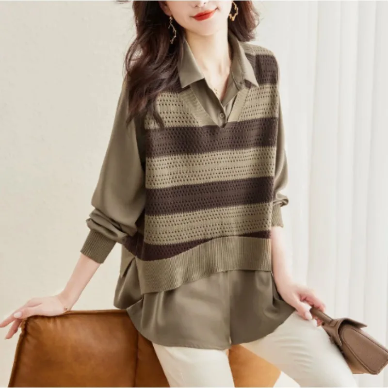 Female Clothing Commute Fake Two Pieces  Polo-Neck Knitted Sweaters Stylish Spliced Autumn Winter Korean Jumpers 2026
