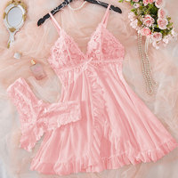 Pink Sweet Nightgown Female Elegant Sleep Dress Hot V-neck Bra Transparent Milk Silk Underwear Women's Pajamas With Panties Set