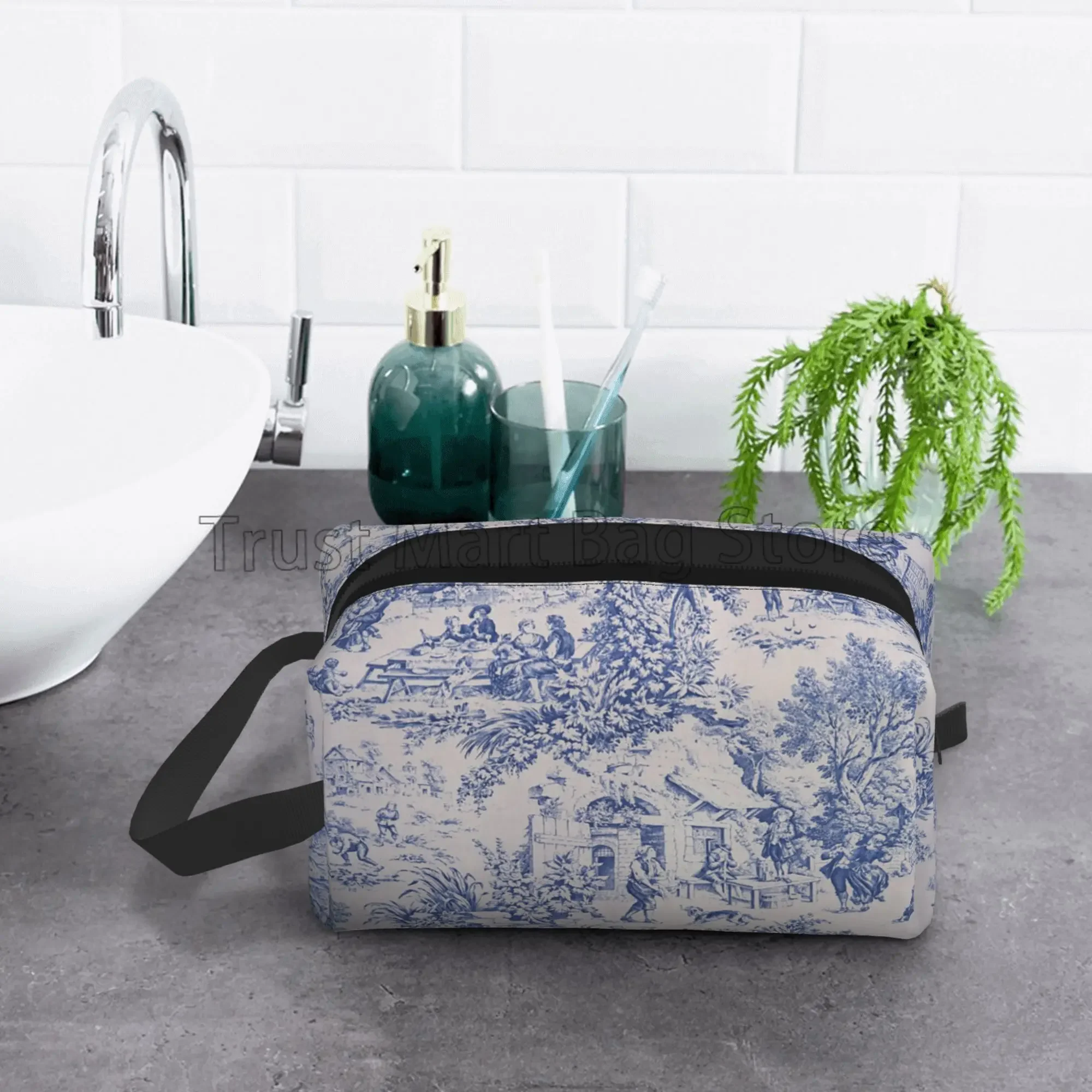 French Toile De Jouy Make Up Organizer Toiletry Pouch Large Waterproof Cosmetic Bag with Zipper Travel Packing Bag for Women