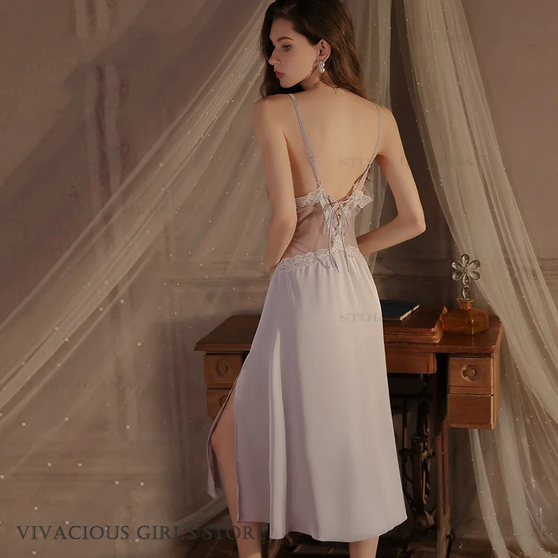 Sexy Lace Female Twinset Robe Set Intimate Lingerie Spring Summer Sleepwear Loungewear Ice Silk Satin Long Nightdress Homewear