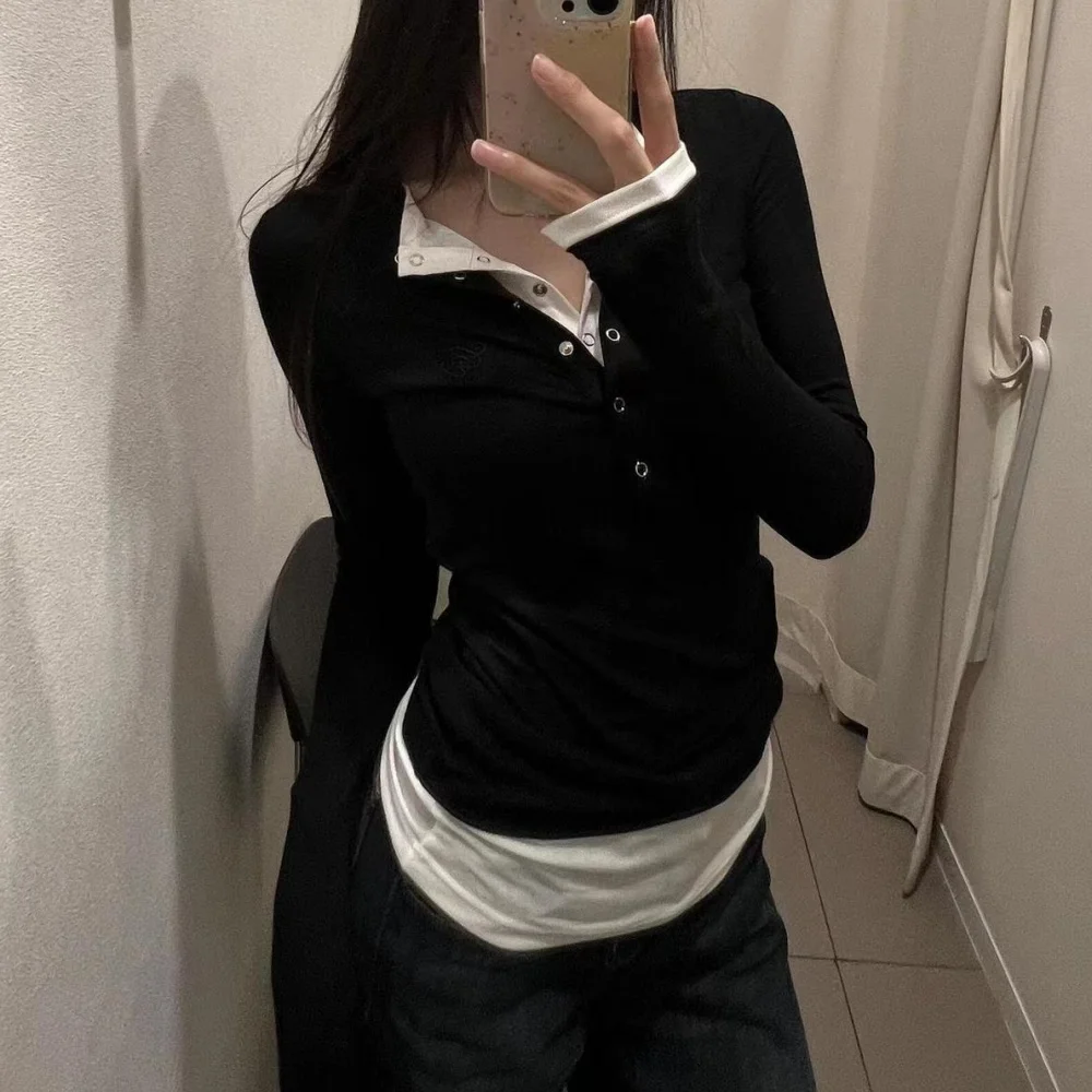 Women's Spring Autumn Long Sleeves T-Shirt Basic Style Sexy Retro Fake Two-piece Shirts Lapel Y2k Black Long Blouses 2026 Trend