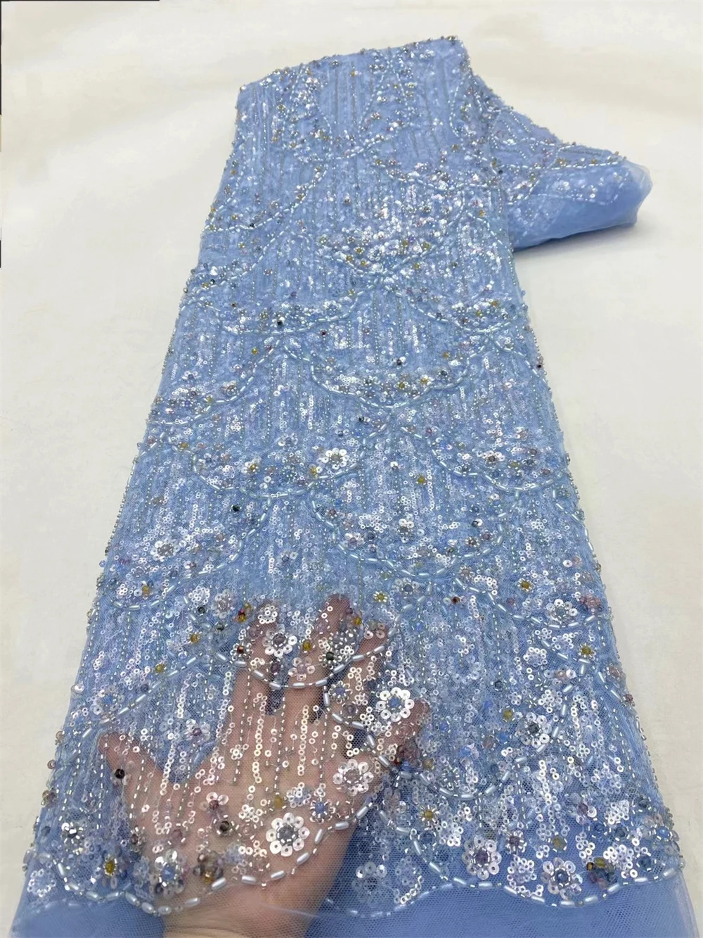 

Blue High Quality 2024 Luxury Handmade Beaded French Lace Fabric Sequin Embroidery Tulle Fabric for Women dress