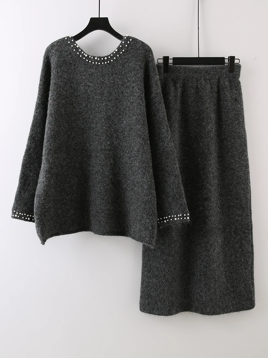 

Комплект из двух предметов: вязаный свитер и юбка больших размеров для женщин, осенний модный комплект, удобный, свободного кроя, с высокой талией, теплый, толстый.