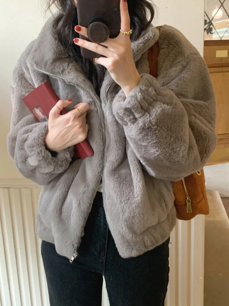 Женское утепленное теплое пальто с воротником-стойкой, свободная меховая плюшевая куртка на молнии, осень-зима, мягкие удобные повседневные однотонные куртки Sudaderas