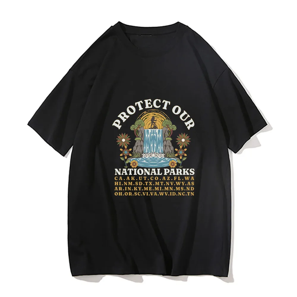 Protect Our National Parks Summer T-shirt Men's Oversized Loose Blouse Retro Print Black Tops Casual 100% Cotton Clothes Unisex