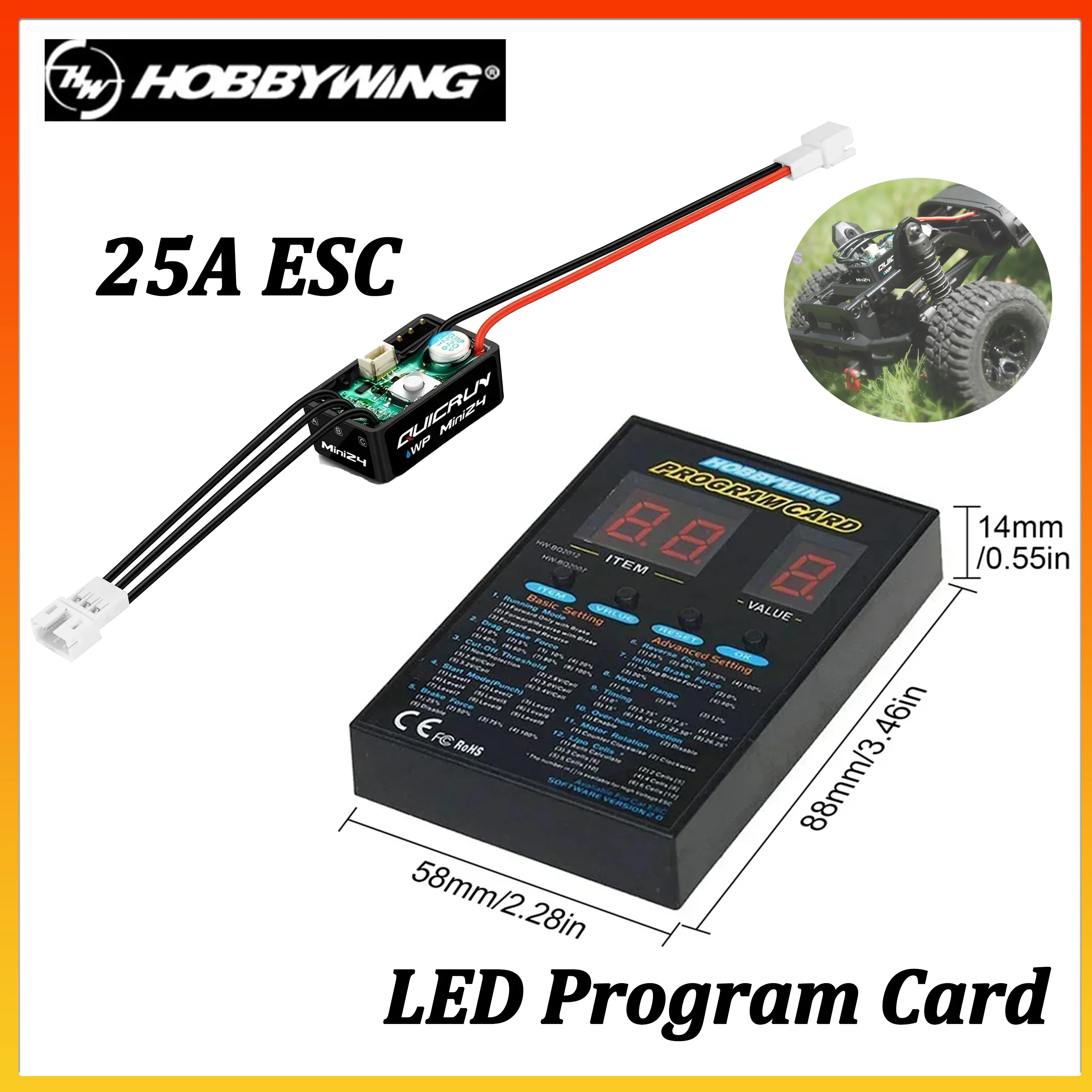 Hobbywing QuicRun WP-Mini24 25A Wasserdichter ESC mit Umschaltbarer Bürsten-/Bürstenlos-Modusfunktion für 1/24 1/18 1/16 RC Auto Truck Crawler Teile