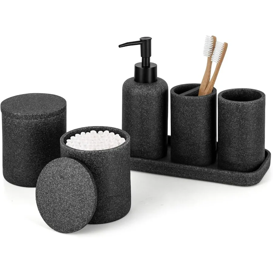 

Black Stone Bathroom Accessories Set 6 Pieces - Toothbrush Holder Lotion Dispenser Qtip Container Vanity Tray Tumbler Counterto